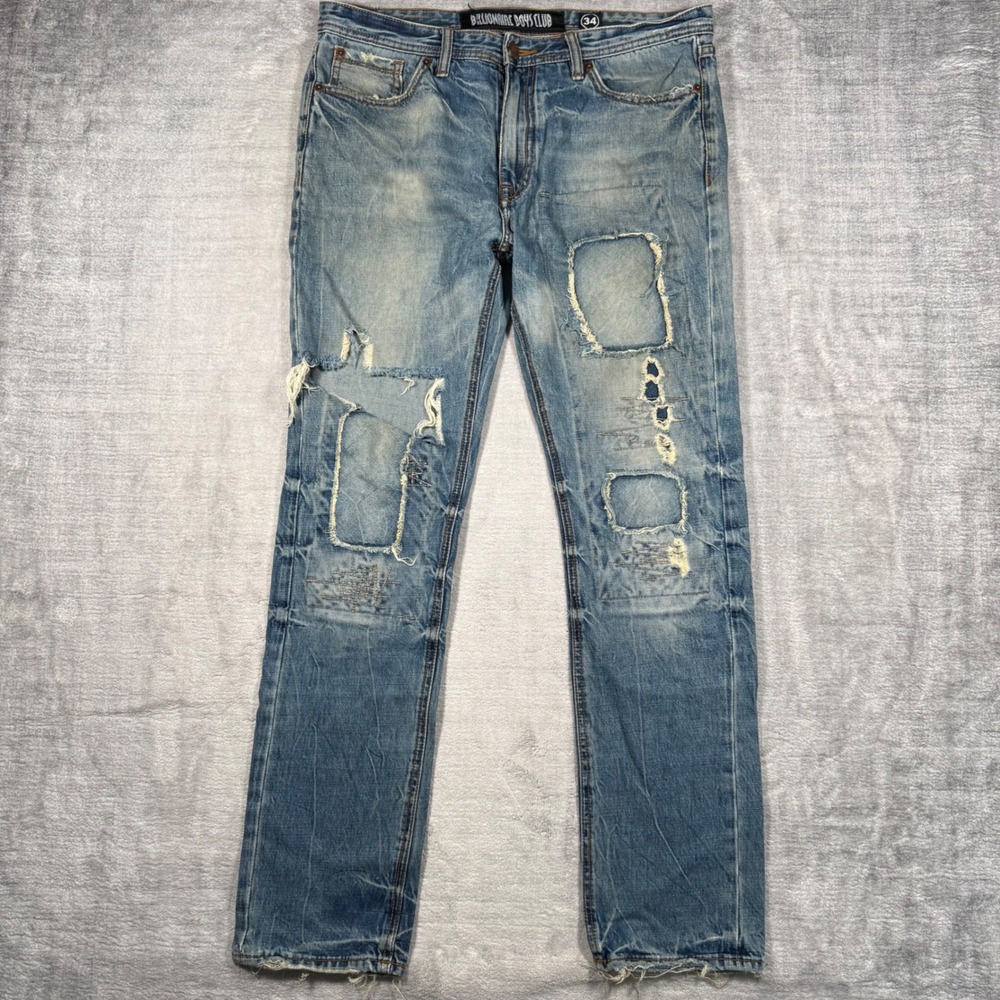Billionaire Boys Club Jeans Mens 34x32 Blue Denim Straight Distressed Patchwork
